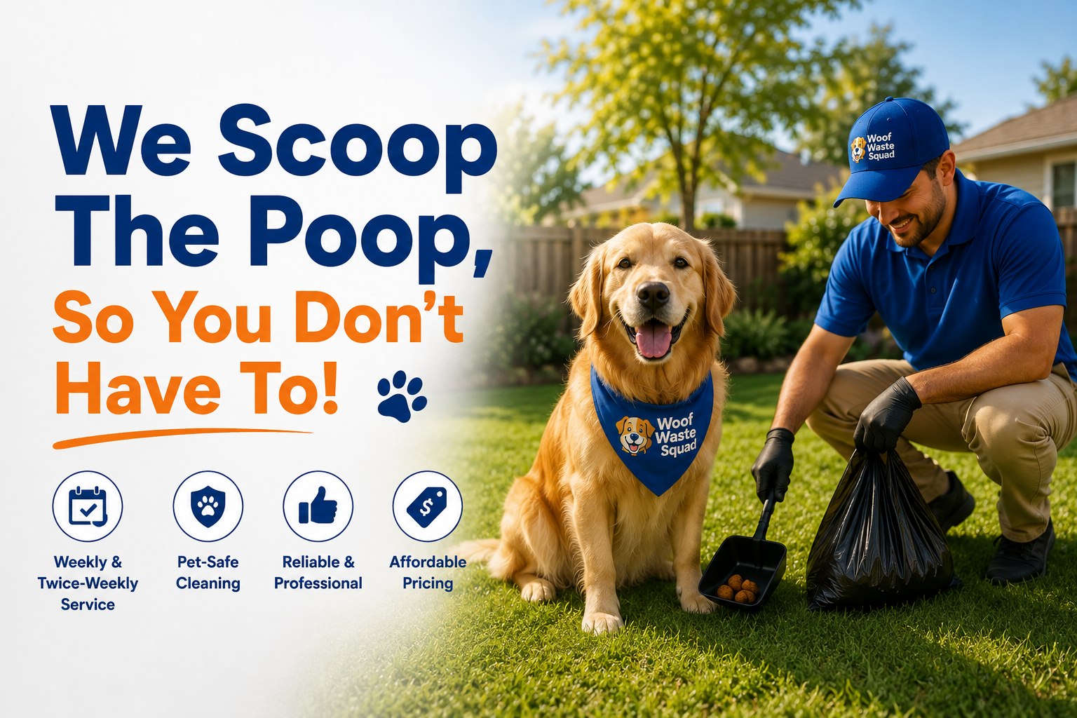 Dog poop removal San Fernando Valley by Woof Waste Squad with happy dog and professional technician